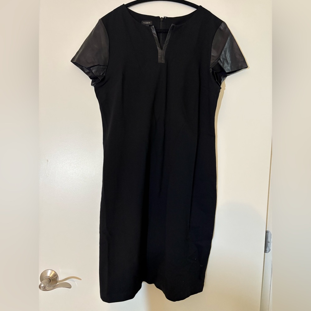 Talbots. Black leather trimmed short sleeve dress.